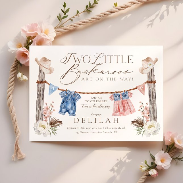 Convite Dois Pequenos Buckaros estão no caminho do Chá de  (Two Little Buckaroos Are on The Way Baby Shower Invitation)
