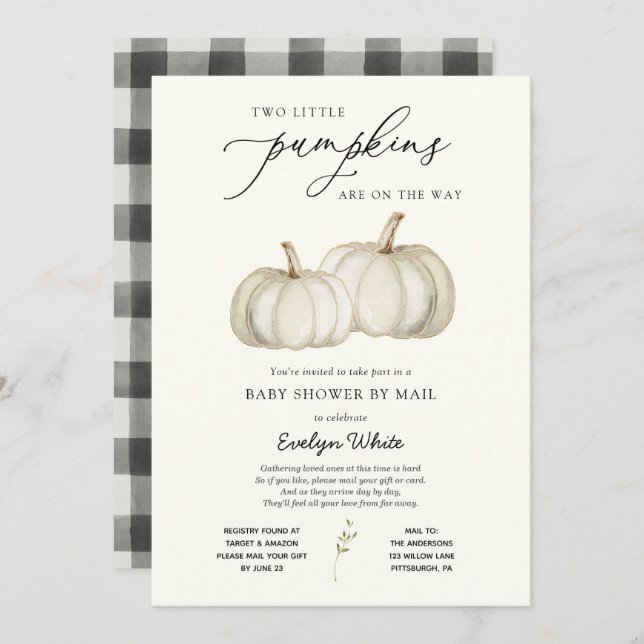 Convite Dois Pequenos Chás de fraldas Gêmeos Pumpkins por  (Frente/Verso)