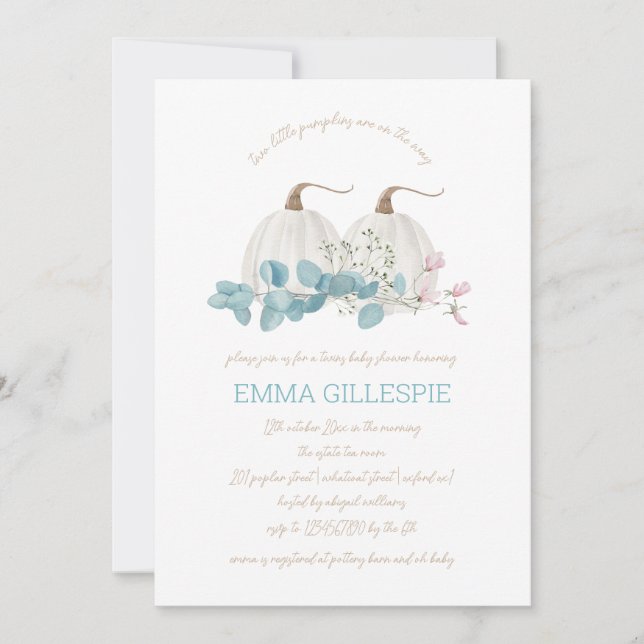 Convite Dois Pequenos Pumpkins Queda Chá de fraldas Gêmeos (Frente)