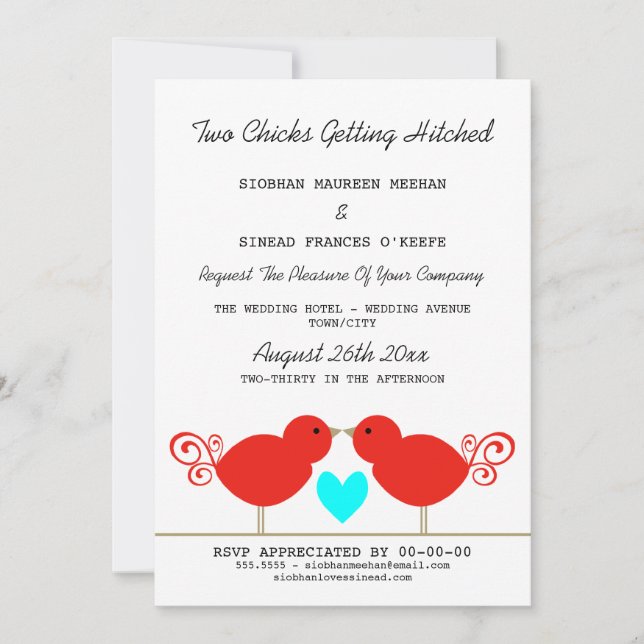 Convite Dois Pintinhos de Casamento Lésbico (Frente)
