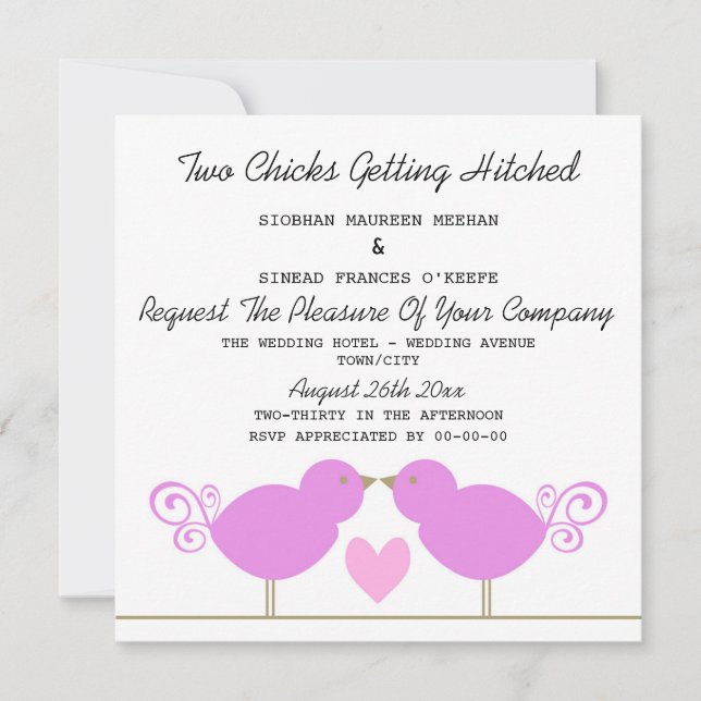 Convite Dois Pintinhos de Casamento Lésbico (Frente)