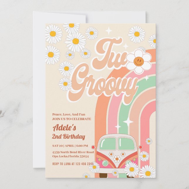 Convite Dois segundo aniversário cor-de-rosa Daisy Rainbow (Frente)