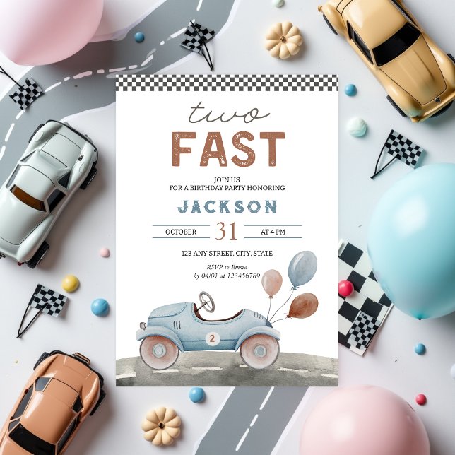 Convite Dois segundo aniversário de Carro Azul de Corrida  (Two Fast 2 Curious Birthday invitation for 2nd birthday inspired by racing cars)