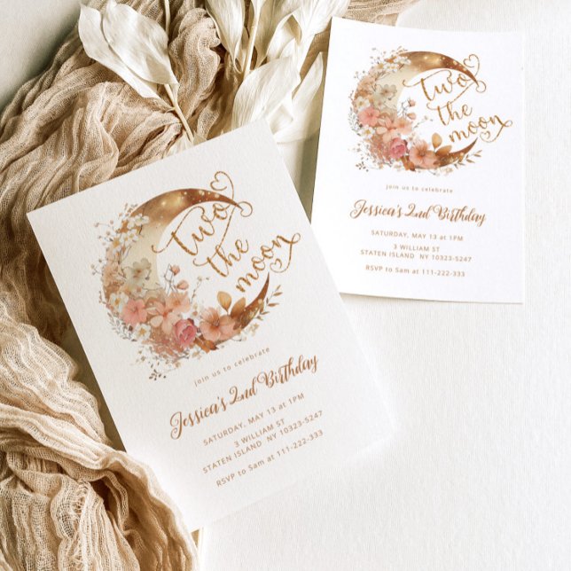 Convite Dois segundo aniversário de moça rosa-de-ouro lua (Criador carregado)