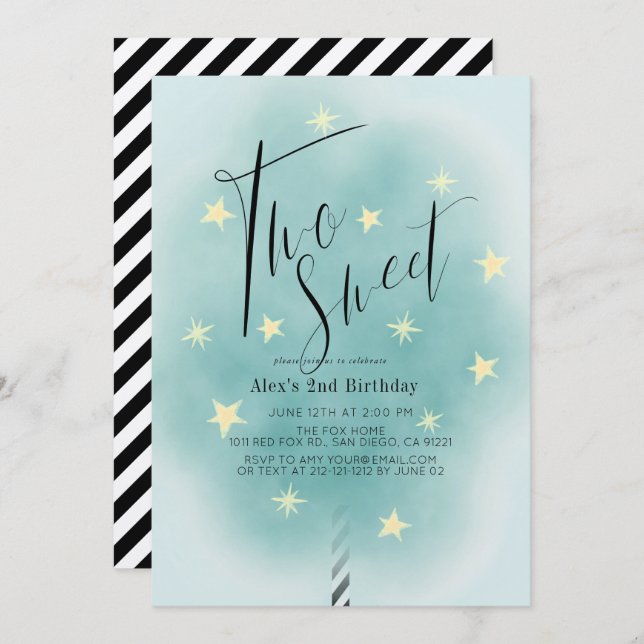 Convite Dois segundo aniversário doce de algodão doce e al (Frente/Verso)