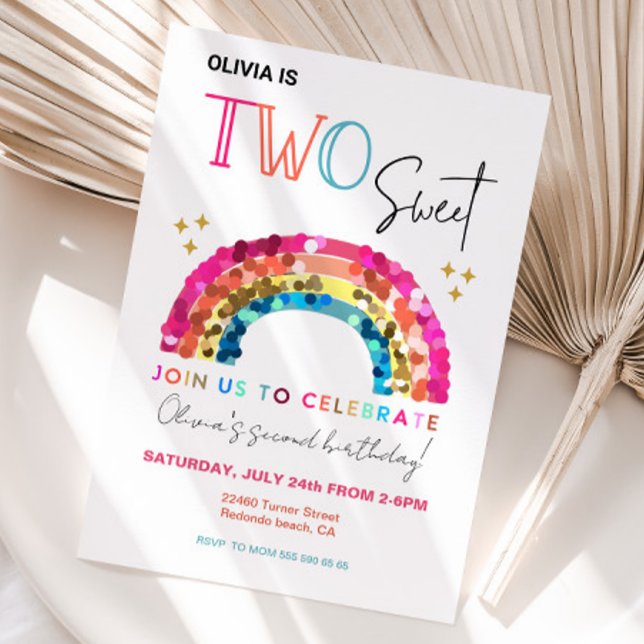 Convite DOIS segundo aniversário Gelado Gelado (Two Sweet, 2nd birthday invitation, sequin colorful rainbow invite)