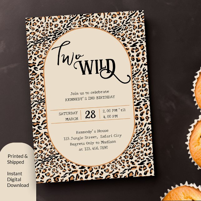 Convite Dois segundo aniversário Neutro Impresso de Leopar (Two Wild 2nd Birthday Invitation with leopard print)