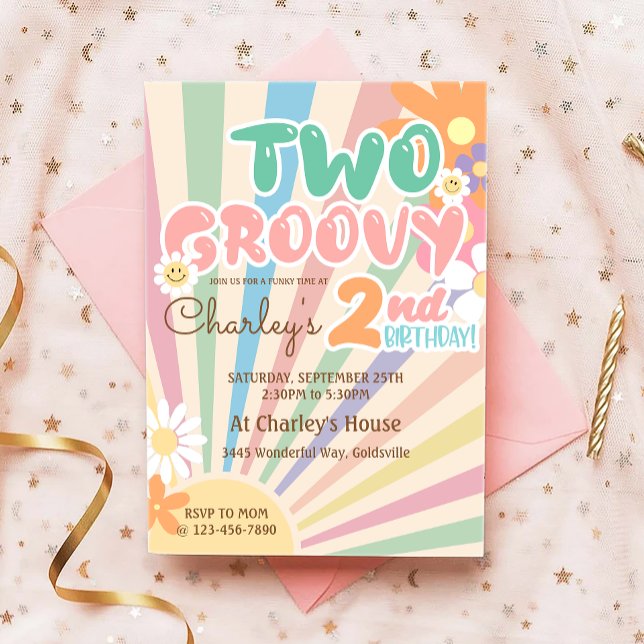 Convite Dois segundo aniversário Retro Sunshine Daisy Boho (Criador carregado)