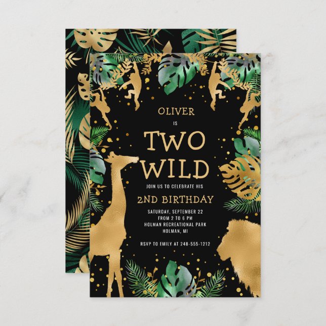 Convite Dois segundo aniversário Safari Selvagem, preto, D (Frente/Verso)