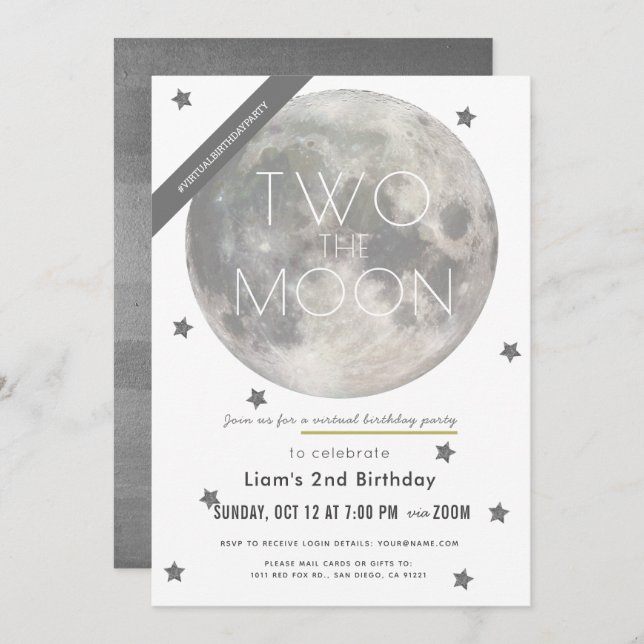 Convite Dois segundo aniversário Virtual Moon White Silver (Frente/Verso)