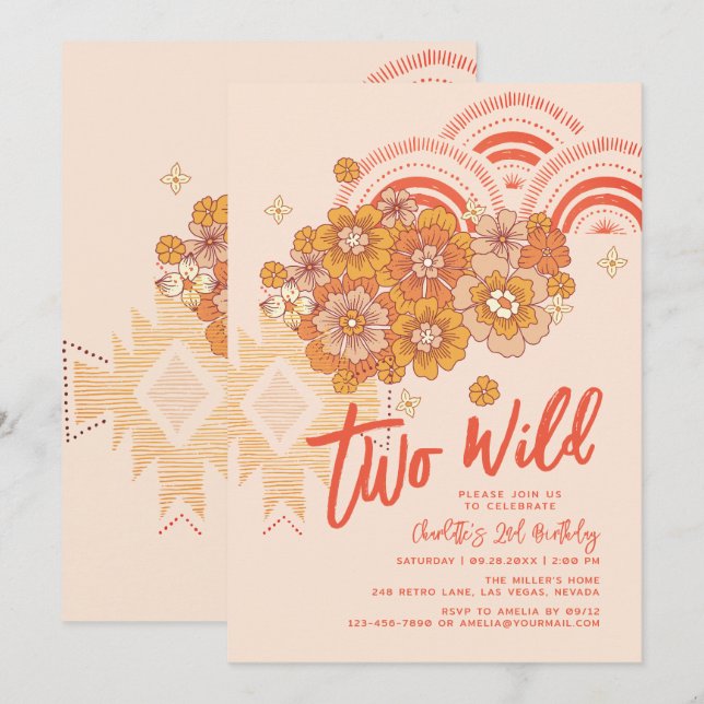 Convite Dois segundo aniversário Wild Boho Floral Groovy P (Frente/Verso)