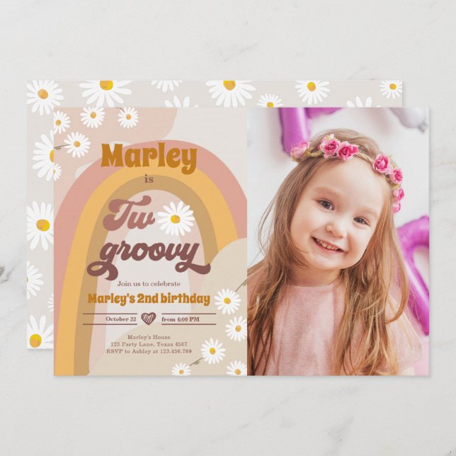 Convite Dois segundo de aniversário de 2 Groovy Retro Boho (Frente/Verso)