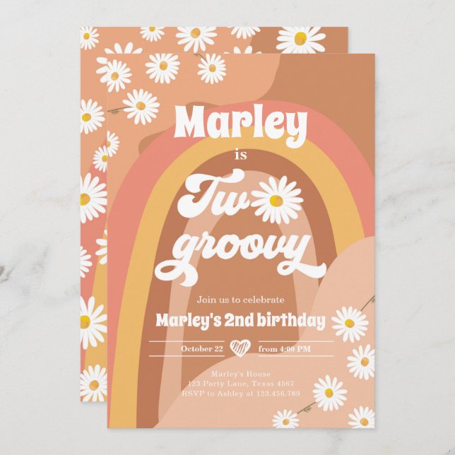 Convite Dois segundo de aniversário de Groovy Retro Boho D (Frente/Verso)