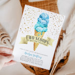 Convite Dois Sorvetes Twin Boys Scoops Chá de fraldas<br><div class="desc">Cartão de convite para chá de fraldas do sorvete gêmeo com tema bonito,  com ilustração aquarela de sorvetes verdes azuis e de hortelã em cone waffle. Há aspergaminhos dourados por aí. O texto na faixa diz "duas colheres são melhores que uma."</div>