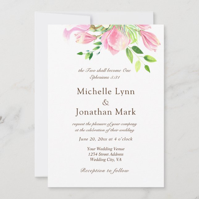 Convite Dois Tornar-Se-Ão Uma Magnolia Rosa Cristã (Frente)