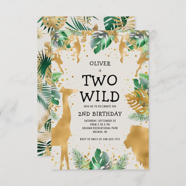 Convite Dois Wild Safari Green Dourado segundo aniversário (Frente/Verso)