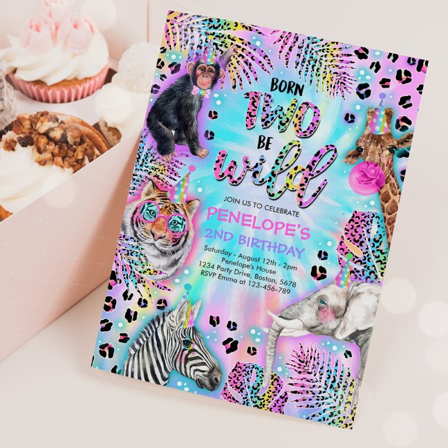 Convite Dois Wild Safari Neon Rainbow Cheetah Birthday (Criador carregado)