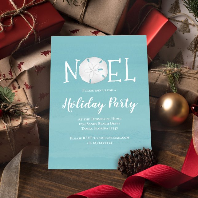 Convite Dólar de areia de praia com Turquoise de Aquarelas (Holiday party invitation with a beach turquoise blue Noel design.)