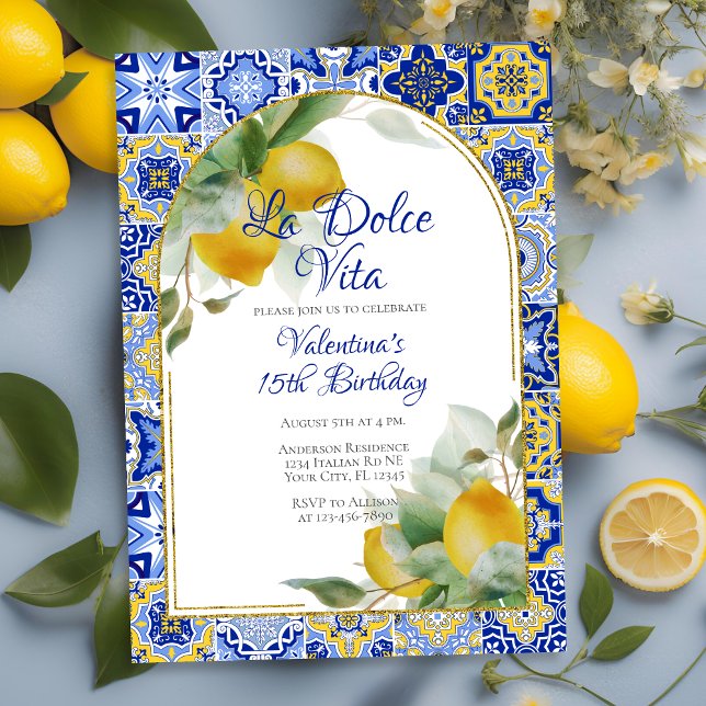 Convite Dolce Vita Italiana Blue Dourado Azulejos Lemons A (Criador carregado)