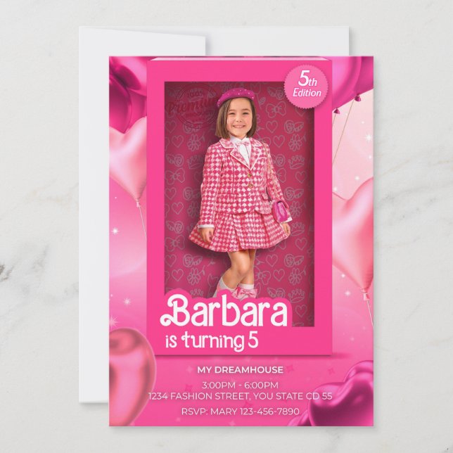 Convite Doll Box Birthday Invitation - Barbie-Inspired Pin (Frente)