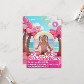 Convite Doll Pink Fashion Beach Birthday Invitation