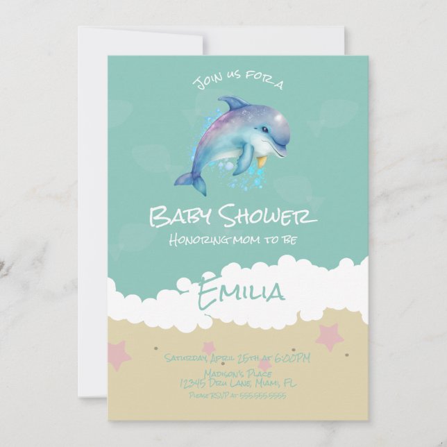 Convite Dolphin Beach Ocean Baby Shower (Frente)