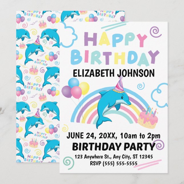 Convite Dolphin Birthday Invitation in White (Frente/Verso)