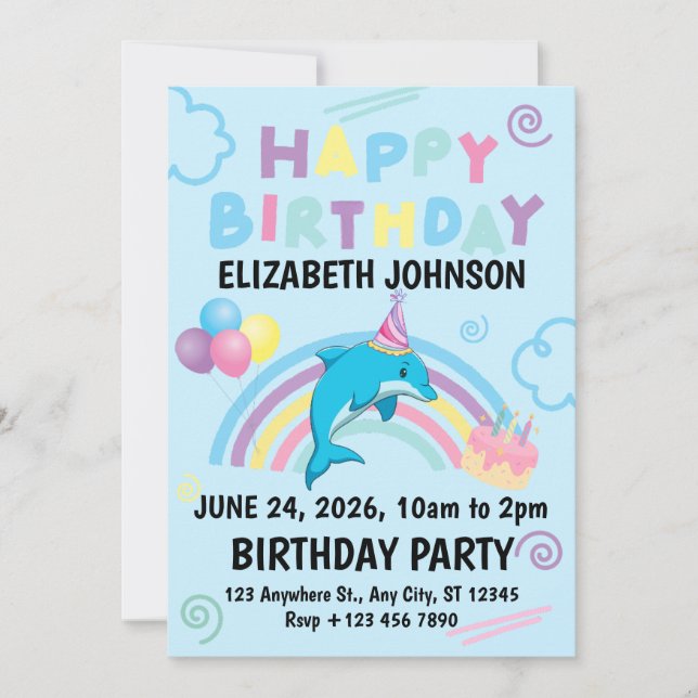 Convite Dolphin Birthday Party Invitation in Blue (Frente)