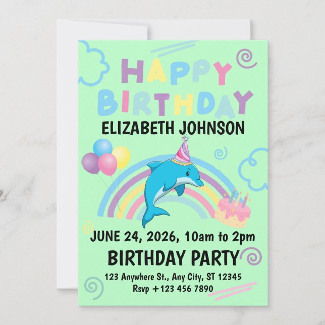 Convite Dolphin Birthday Party Invitation in Green (Frente)