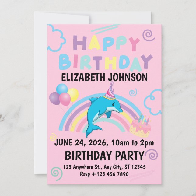 Convite Dolphin Birthday Party Invitation in Pink (Frente)