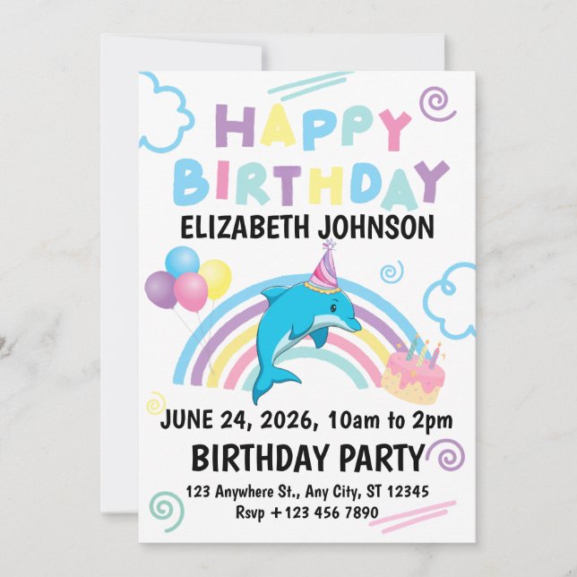 Convite Dolphin Birthday Party Invitation in White (Frente)