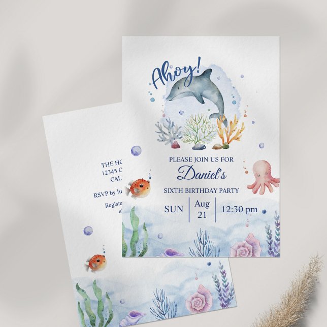 Convite Dolphin Sealife Birthday (Watercolor Dolphin Sealife Birthday Invitation on table.)