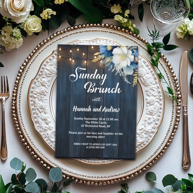 Convite Domingo Brunch Blue Wood String Luzes Casamento (Criador carregado)