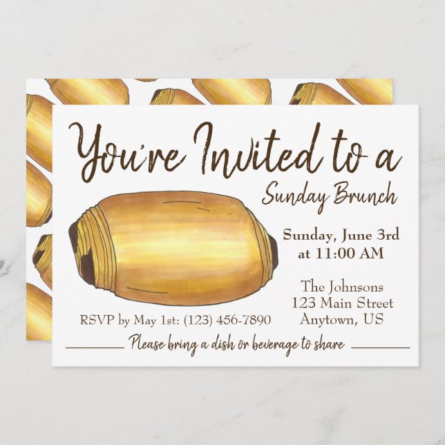 Convite Domingo Café da Manhã Brunch Pain au Chocolat Croi (Frente/Verso)