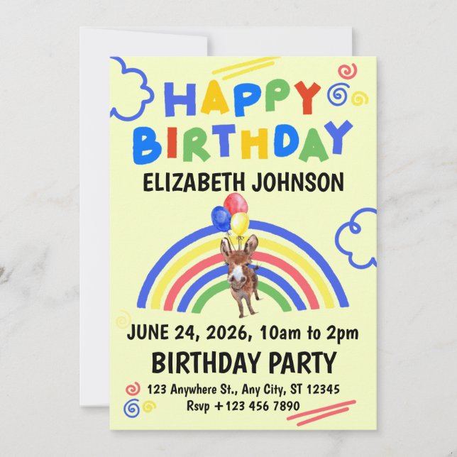 Convite Donkey Birthday Invitation in Yellow (Frente)