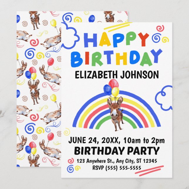 Convite Donkey Birthday Invitation White (Frente/Verso)