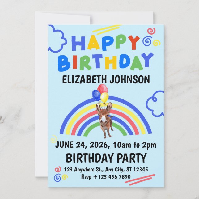 Convite Donkey Birthday Party Invitation Blue (Frente)