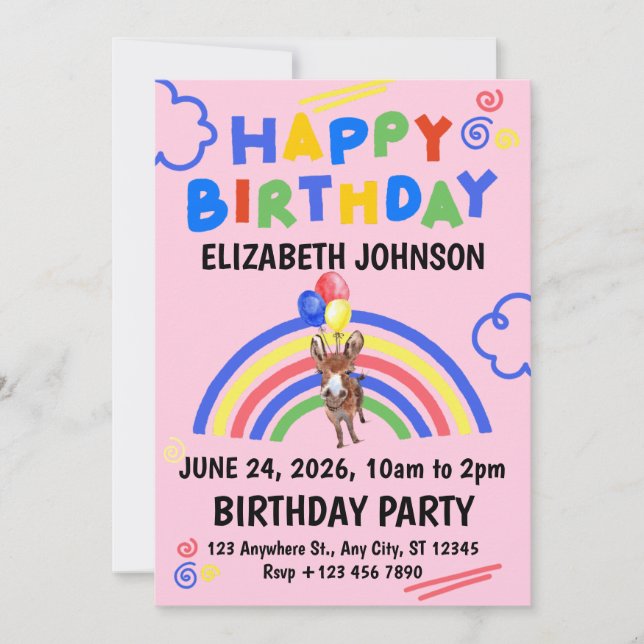 Convite Donkey Birthday Party Invitation Pink (Frente)