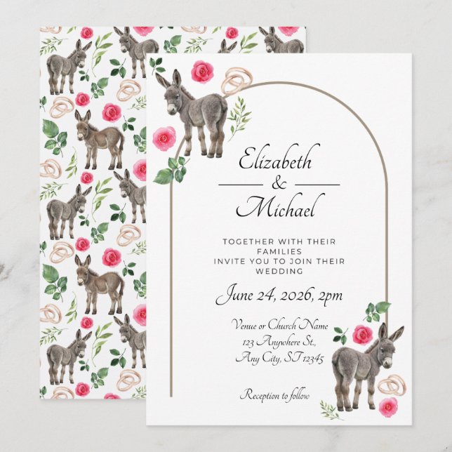 Convite Donkey Pink Floral Rustic Wedding (Frente/Verso)