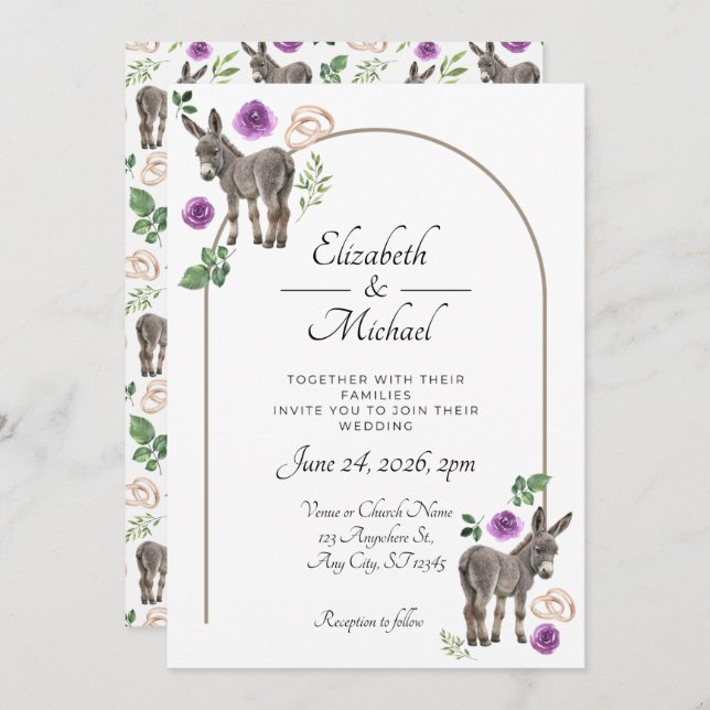 Convite Donkey Purple Floral Wedding Invitation  (Frente/Verso)