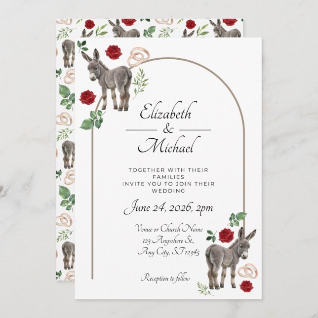 Convite Donkey Red Floral Wedding Invitation  (Frente/Verso)