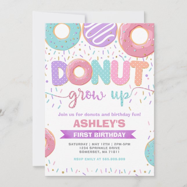 Convite Donut Grow Up First 1st Birthday Invitation (Frente)