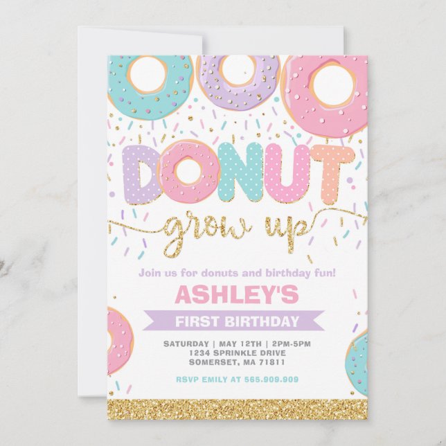 Convite Donut Grow Up First 1st Birthday Invitation (Frente)