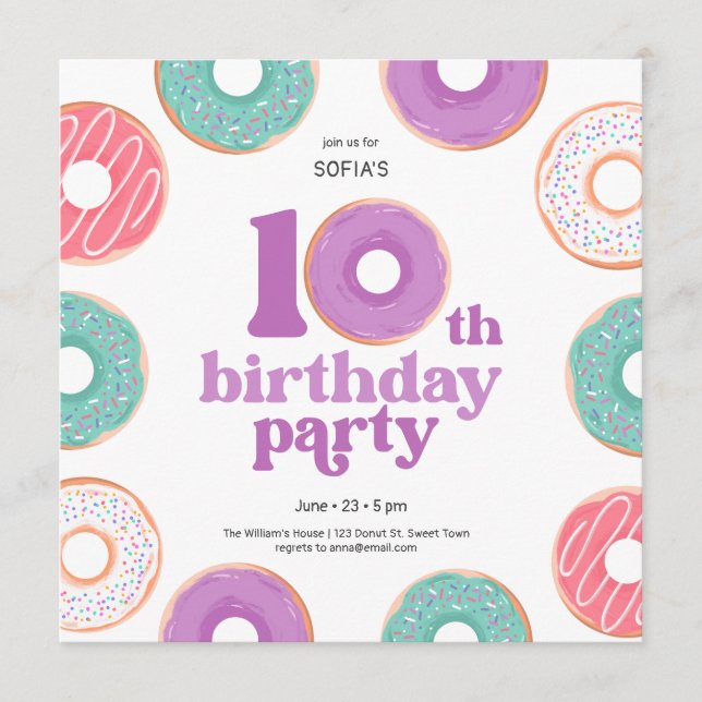 Convite Donut Party Girl 10th Birthday Invitation (Frente)