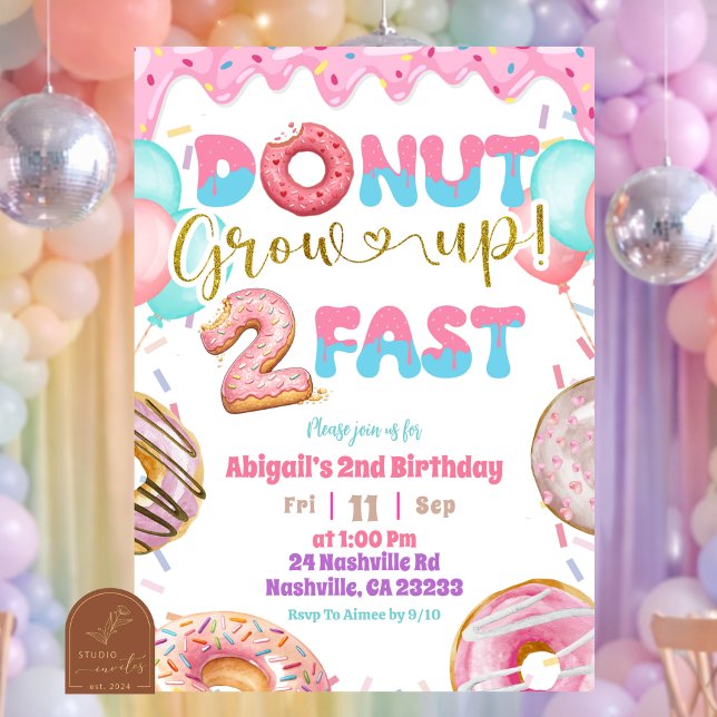 Convite Donut Pastel Rosa Cresça Rápido Segundo Aniversári (Criador carregado)