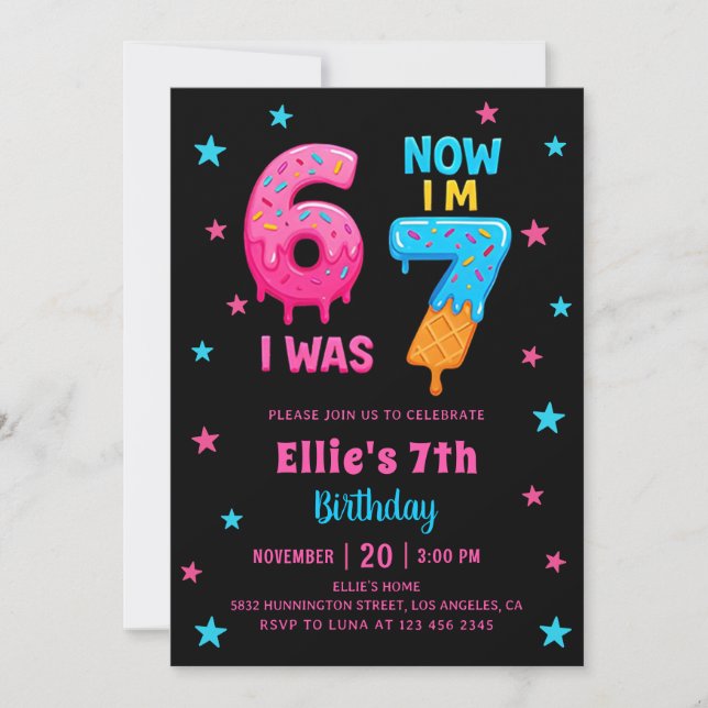 Convite Donut Six Seven Girl Birthday Invitation (Frente)