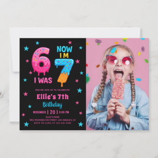 Convite Donut Six Seven Girl Birthday Photo Invitation