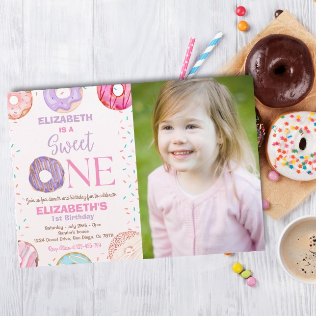 Convite Donut Sweet One Birthday Party Photo 1st Birthday (Criador carregado)