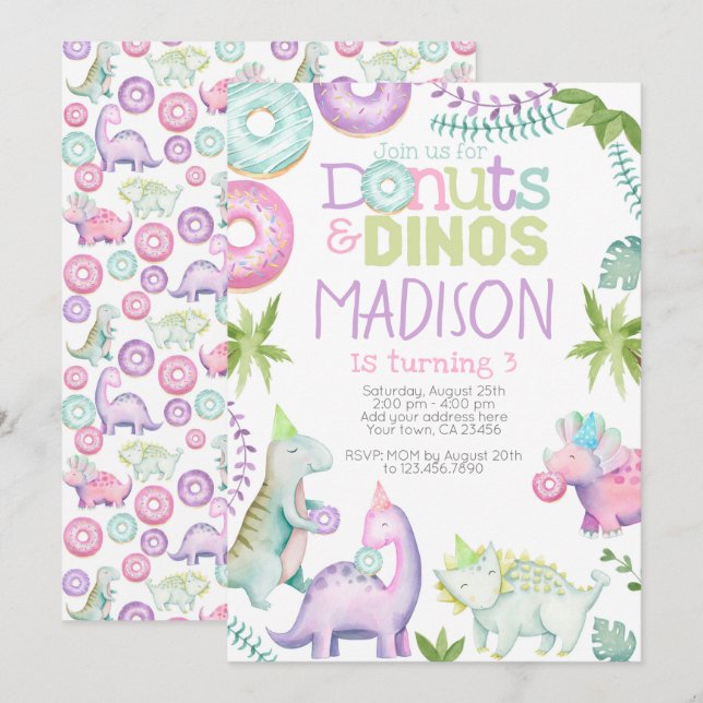 Convite Donuts and Dinos Invitation (Pink & Lavender) (Frente/Verso)