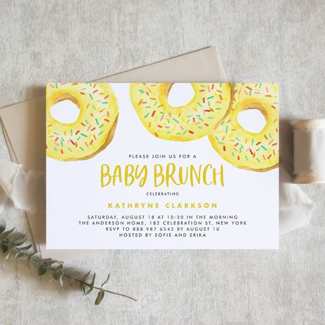 Convite Donuts Baby Brunch com Pintinhas Amarelas em Aquar (Watercolor Yellow Sprinkle Donuts Baby Brunch Invitation)